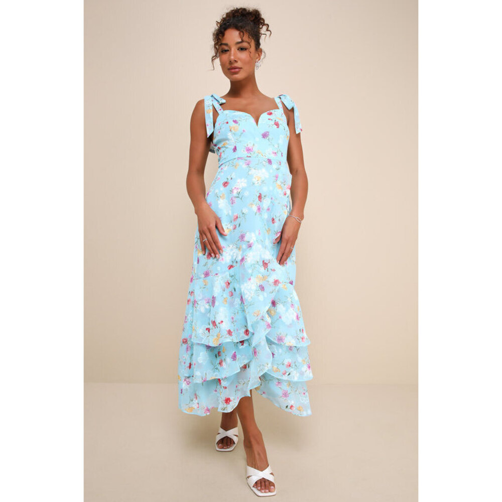 Lulus So Elevated Blue Floral Jacquard Tie-strap High-low Midi Dress - Size M